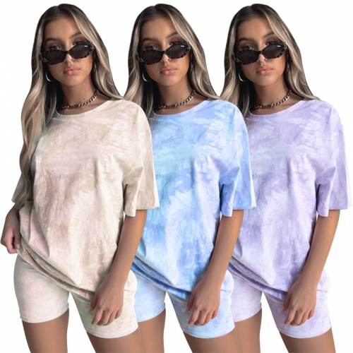 Casual tie dyed short sleeves+shorts two-piece set