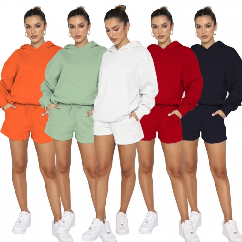 Casual hooded long sleeved sweater+shorts two-piece set