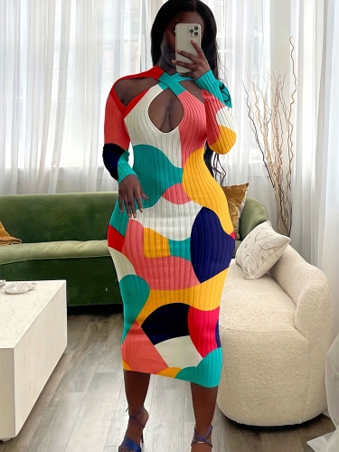 Plus size printed cross cut out dress