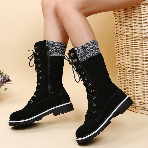 Spliced lace up low heel warm cotton boots