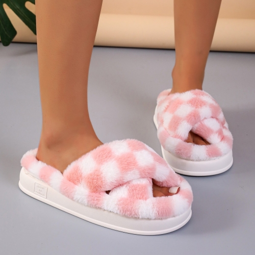 Cross plaid thick sole plush slippers