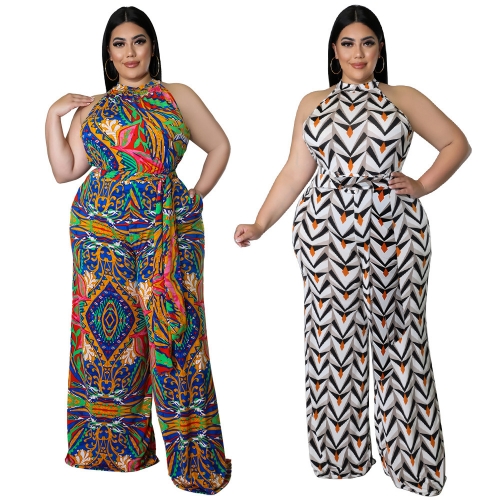 Casual hanging neck printed oversized jumpsuit (including belt)