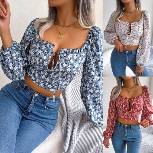 Sexy wooden ear lace up floral chiffon shirt top