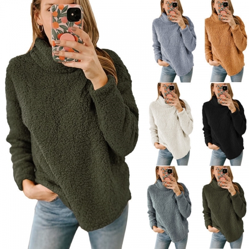 Solid color plush high neck sweater plush top