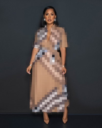 Checkered printed short sleeved shirt collar dress
