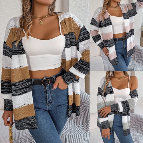 Casual hollowed out contrasting striped lantern sleeves cardigan jacket