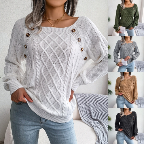 Casual square neck button Fried Dough Twists knitting sweater