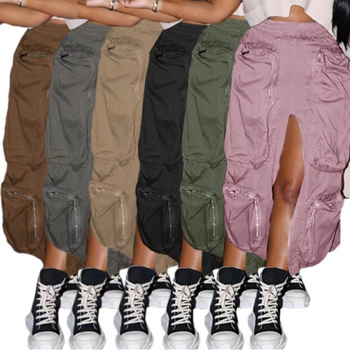Solid High Waist Zip Panel Multi Pocket Skirt