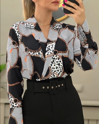 Printed V-neck long sleeved shirt top