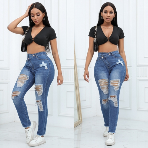 Charming diagonal buckle high waisted small leg jeans