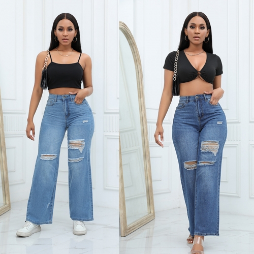 Casual distressed wide leg jeans