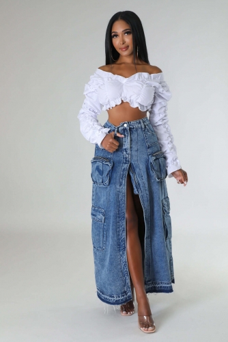 Charming high waisted front slit denim skirt