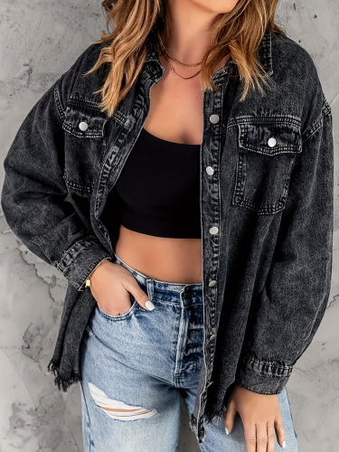 Charming black ruffled denim shirt jacket