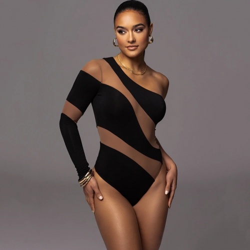 Sexy splicing perspective high elasticity long sleeved bodysuit