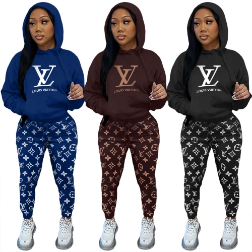 Casual printed hooded sports two-piece set