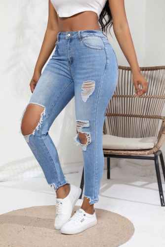 Casual perforated high waisted stretch vintage denim leggings