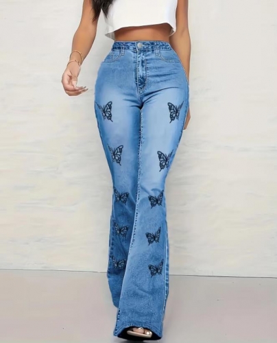 Casual Slim Fitting Embroidered Denim Flared Pants