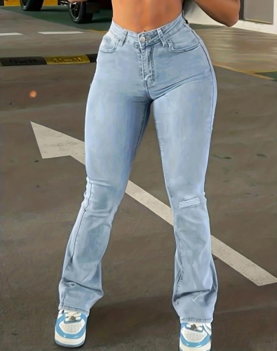 Casual Solid Color Slim Fitting Denim Flared Pants