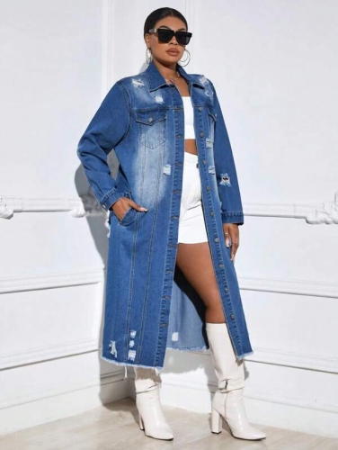 Casual perforated long sleeved cardigan denim cape jacket