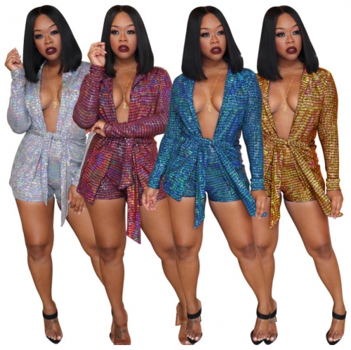 Trendy OL Sequin Hot Stamping Two-piece Shorts Set