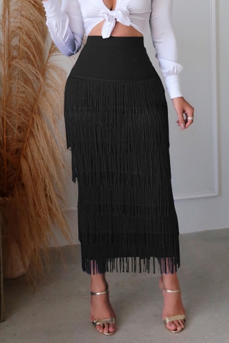 High waisted patchwork fringe skirt