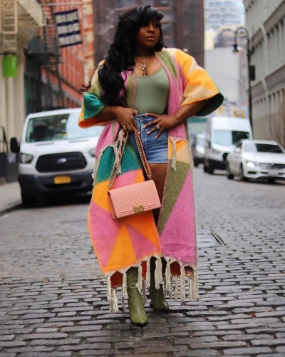 Colored fringe knit long coat