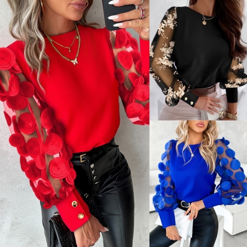 Fashionable round neck petal sleeve shirt