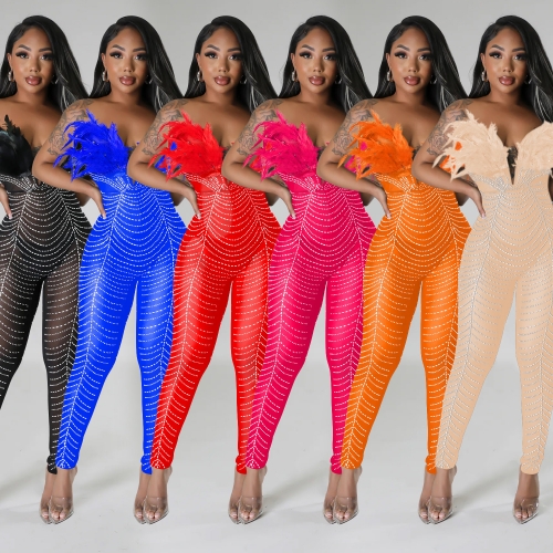 Mesh hot diamond feather patchwork strapless jumpsuit