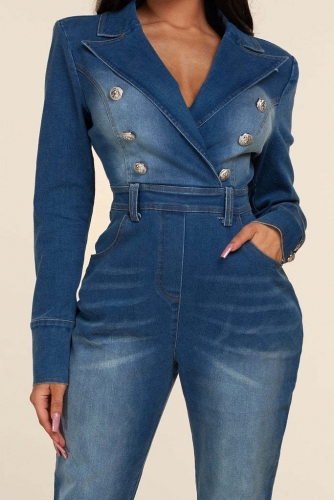 Sexy suit collar double breasted denim jumpsuit