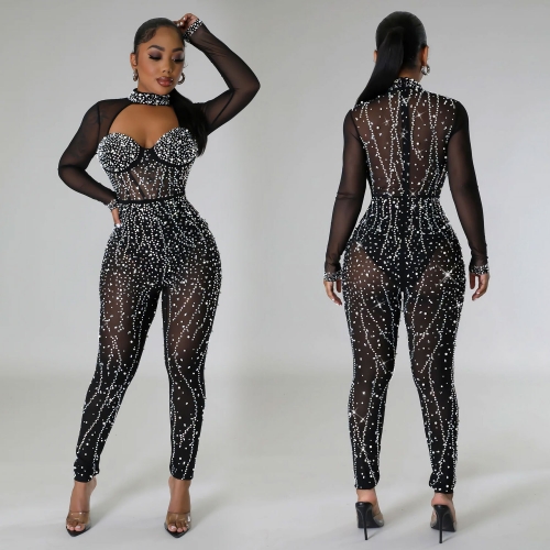 Mesh hot diamond hollow jumpsuit