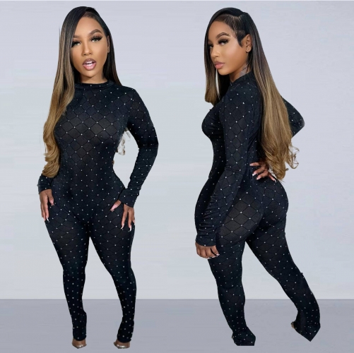 Sexy Perspective Mesh Long sleeved jumpsuit