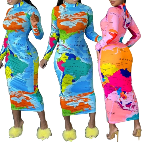 Slim fit half high neck map print dress