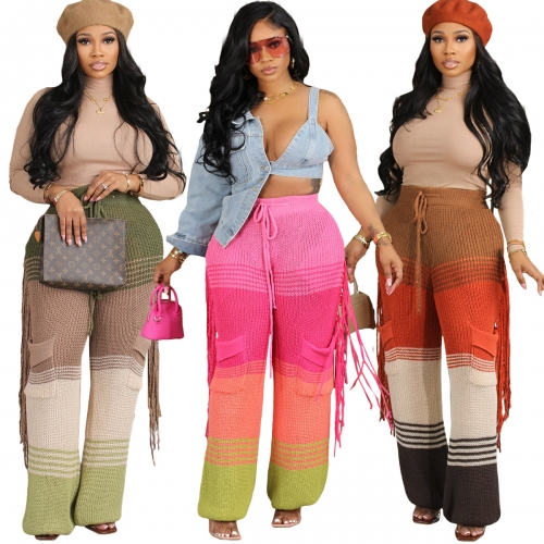 Casual knitted patchwork fringe straight leg pants