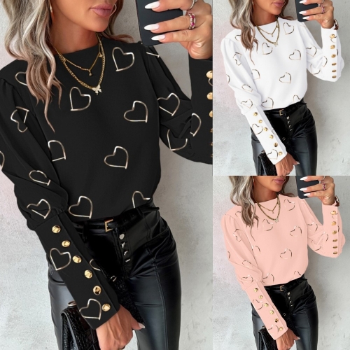 Printed round neck button up long sleeved shirt