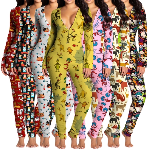 Printed cartoon pajama open jumpsuit