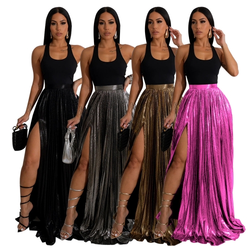 High waisted pleated slit skirt