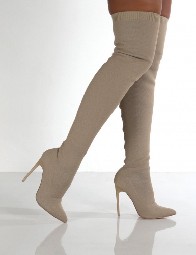 Pointed thin heel fly knit knee high boots