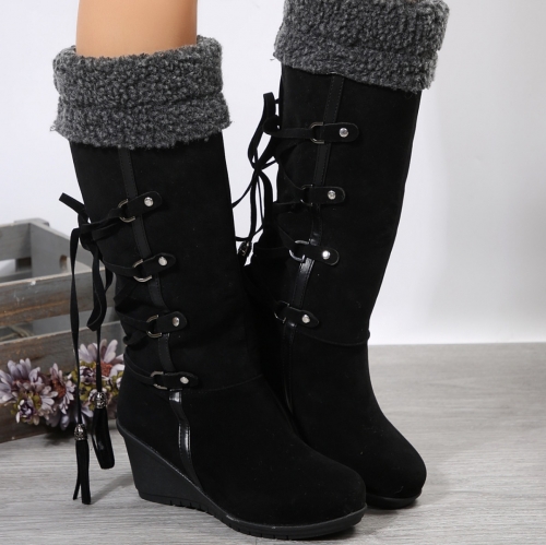 Lace up tassel high boots