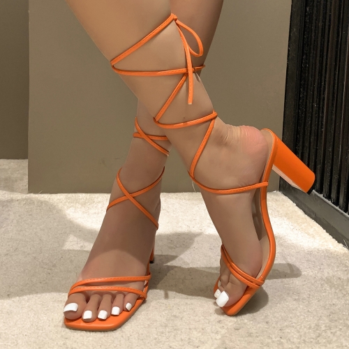 Square cross strap thick heel sandals