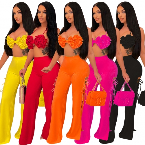 Flower wrapped chest strap flare pants set