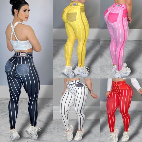 Imitation denim striped printed high waisted sports yoga pants