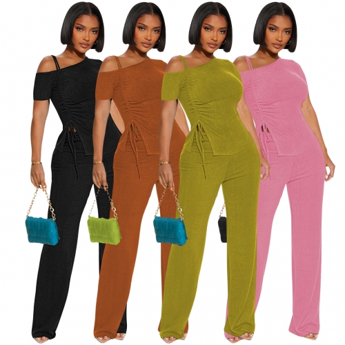 Cold shoulder pleated pants set