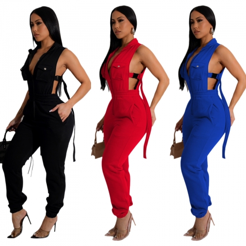 Solid color side button zippered jumpsuit