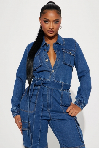 Fashionable Multi mouth Bag Elastic Waist Elastic denim jumpsuit