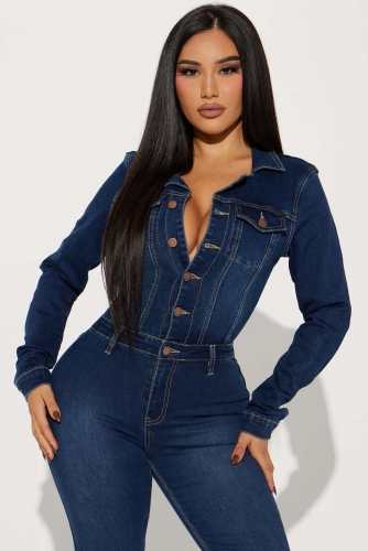 Fashionable elastic long sleeved denim jumpsuit