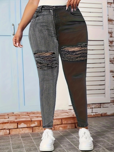 Plus size color blocking lace up jeans