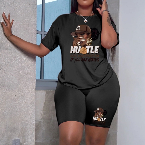 Plus size character letter printed short set