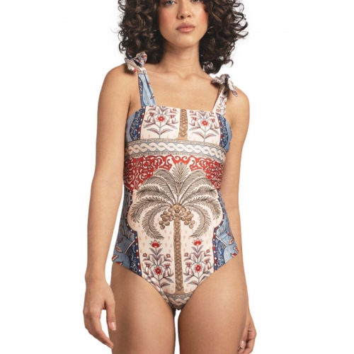 Floral print lace up one piece swimsuit
