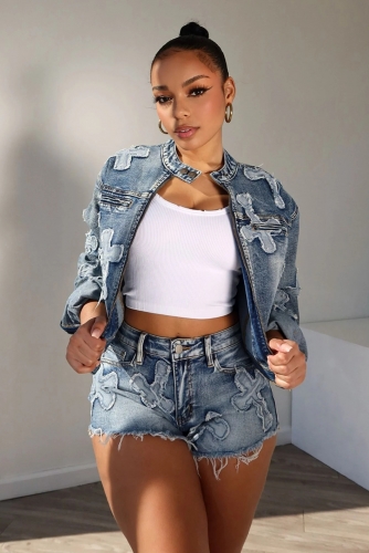 Fashion denim embroidered cross jacket+shorts two-piece set