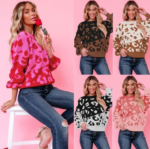Fashionable round neck jacquard leopard print sweater
